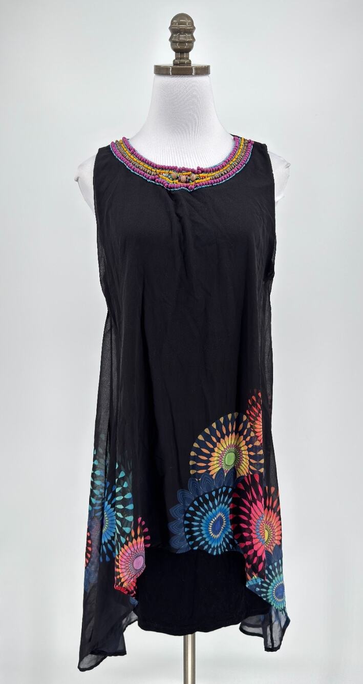 Desigual Portia Black Chiffon Beaded Asymmetric Sleeveless Dress Sz EU 42 US 10